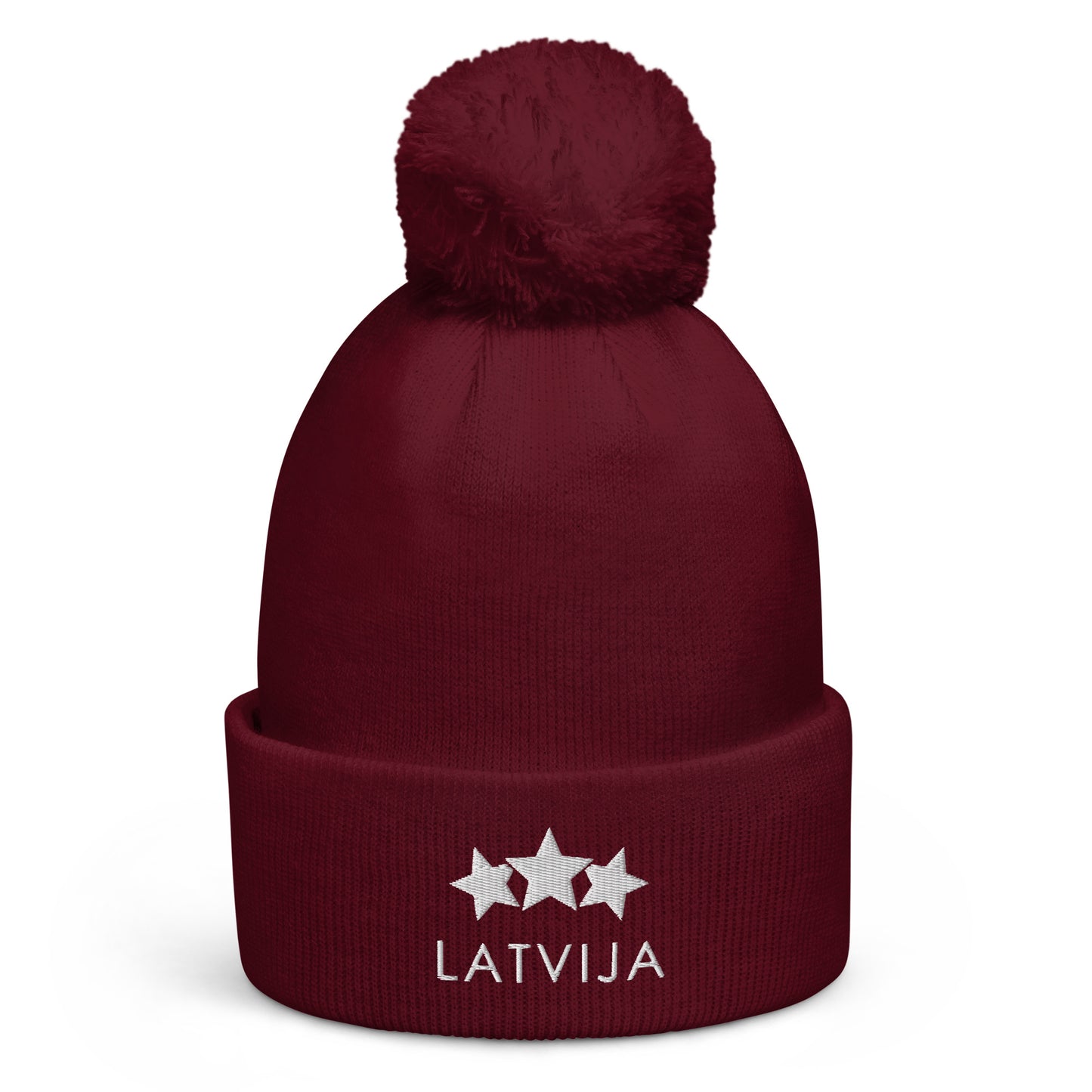 Izšūta ziemas cepure ar bumbuli Latvija - TRĪS ZAVAIGZNES - Kreklu Bode