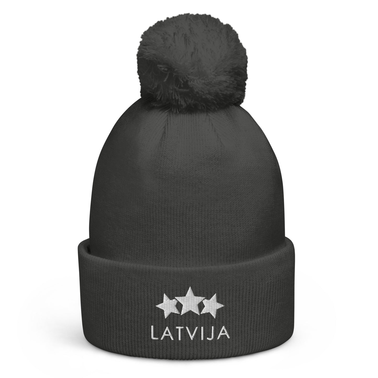 Izšūta ziemas cepure ar bumbuli Latvija - TRĪS ZAVAIGZNES - Kreklu Bode