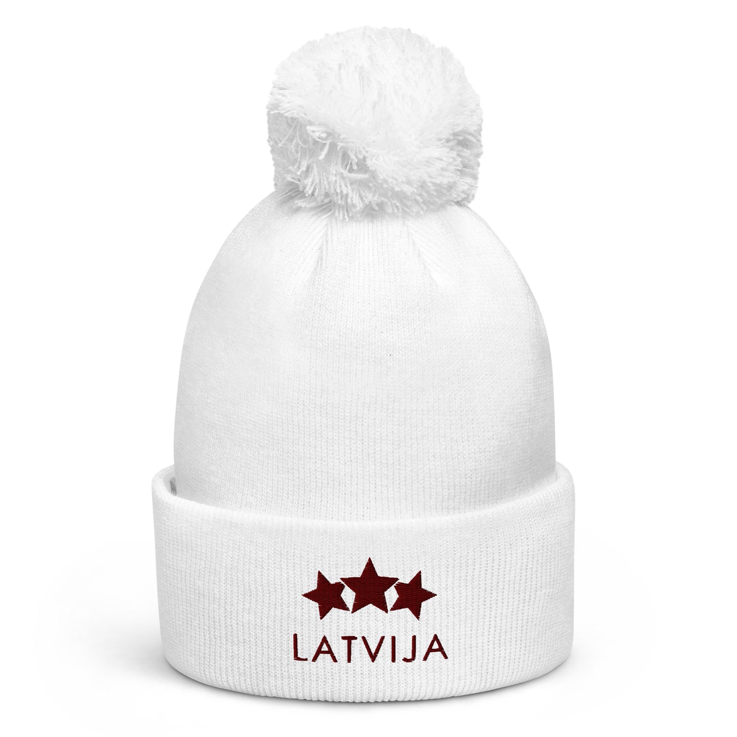 Izšūta ziemas cepure ar bumbuli Latvija - TRĪS ZAVAIGZNES - Kreklu Bode