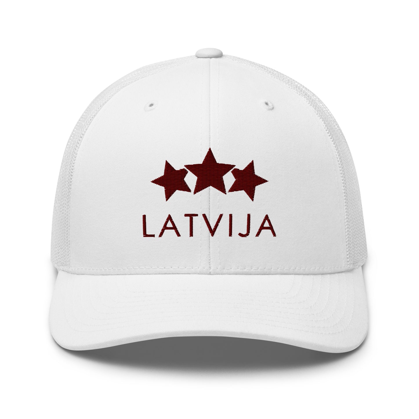 Izšūta sietiņcepure Latvija - TRĪS ZVAIGZNES - Kreklu Bode