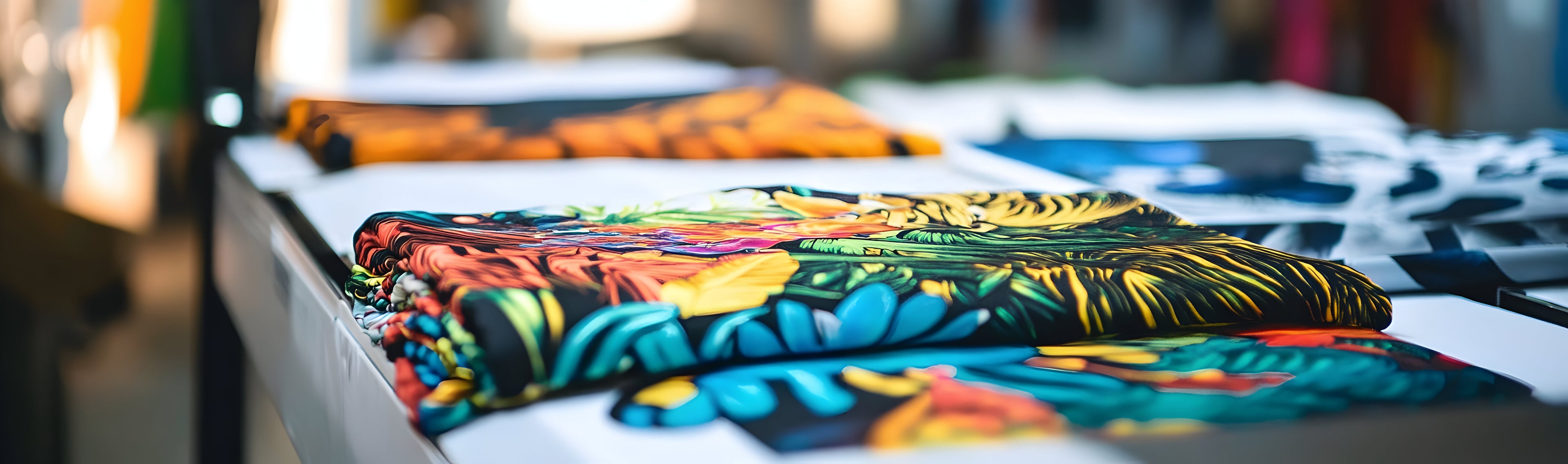 Colorful fabric with a tiger print on a table with a blurred background